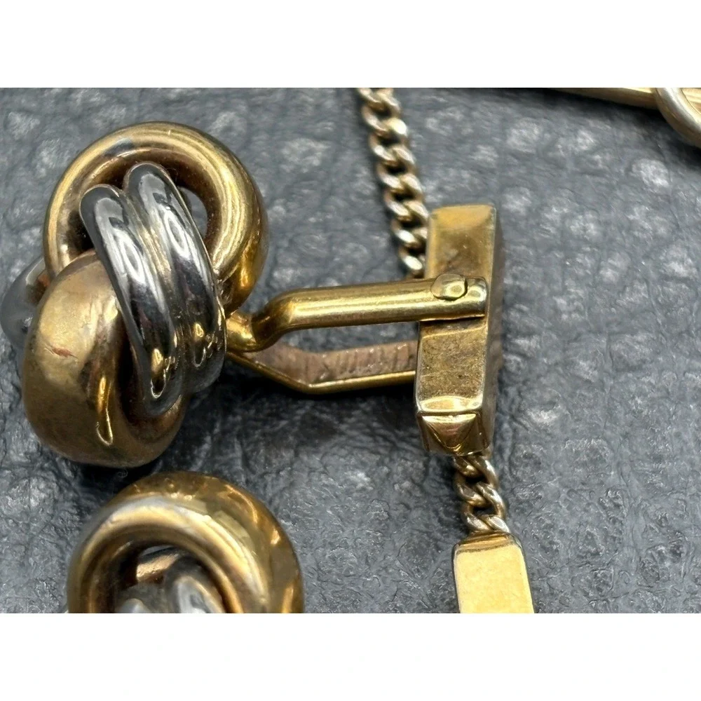 Vintage Swank Two Tone Knot Cufflinks Tie Clip Bar Set Gold Tone